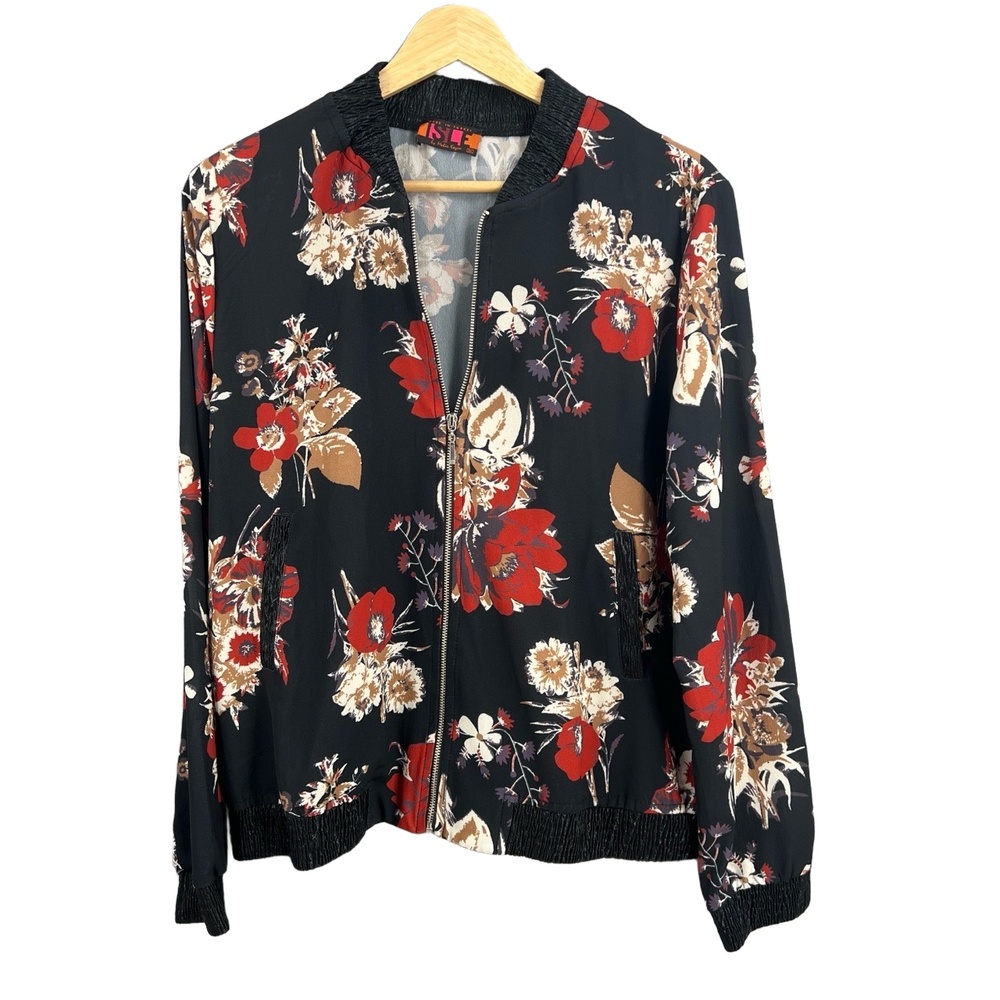 ISLE by Melis Kozan Floral Bomber Jacket Black Zip Front Size M Lightweight
